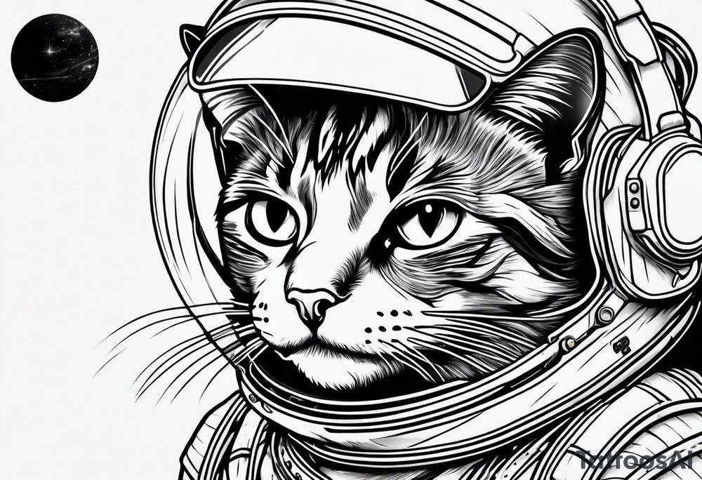 a cat in space line art tattoo idea