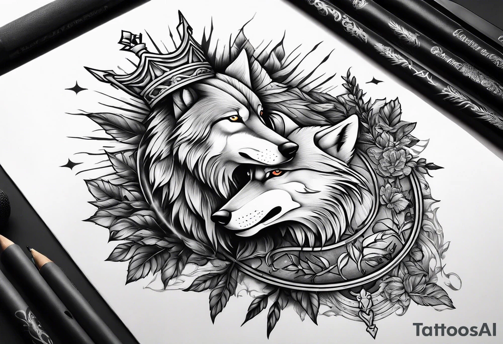 Create a vision of arm tattoo sleeve with combination of sword, crown, tree and three wolves to represent clients family roots tattoo idea