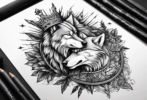 Create a vision of arm tattoo sleeve with combination of sword, crown, tree and three wolves to represent clients family roots tattoo idea