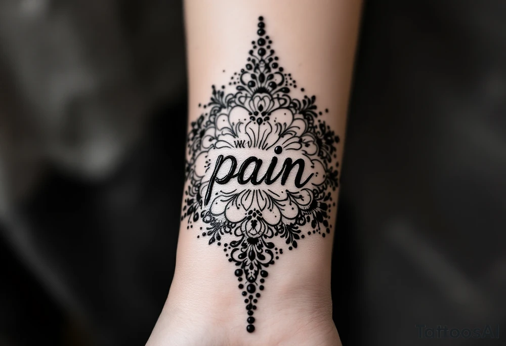 Indian style Henna tattoo for the inner wrist including word pain tattoo idea