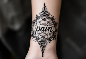 Indian style Henna tattoo for the inner wrist including word pain tattoo idea