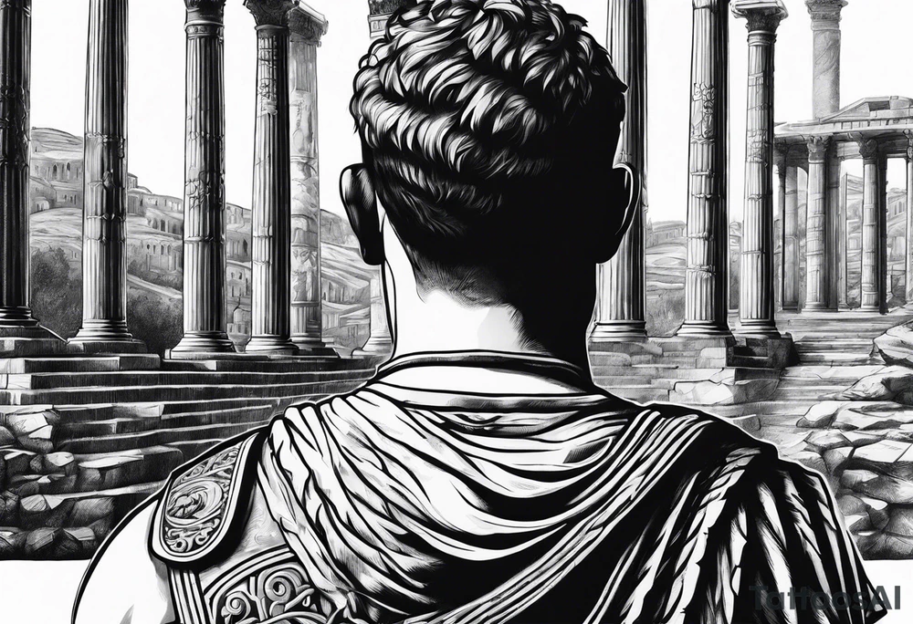close of of Roman solider looking at distant pillars tattoo idea