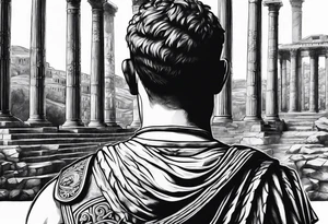 close of of Roman solider looking at distant pillars tattoo idea