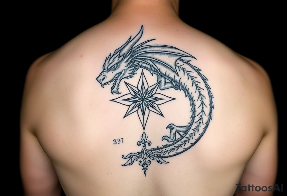 Masculine but beautiful and graceful dragon with a painterly style with a fancy celtic star and abstract filigree and knotwork tattoo idea