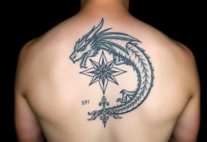 Masculine but beautiful and graceful dragon with a painterly style with a fancy celtic star and abstract filigree and knotwork tattoo idea