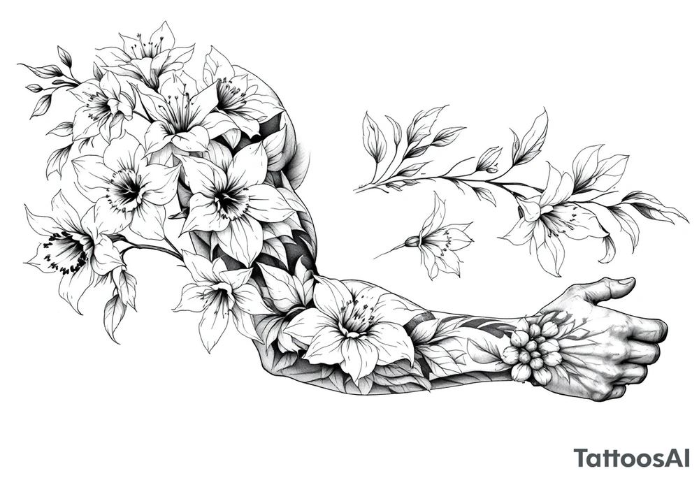 sleeve of narcissus flowers, holly and jonquil flowers tattoo idea