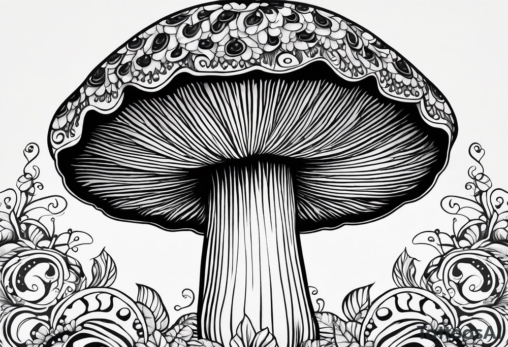 Large Shaggy cap mushroom dripping ink off cap with 4 smaller mushrooms around it mandala henna black tattoo design tattoo idea