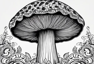 Large Shaggy cap mushroom dripping ink off cap with 4 smaller mushrooms around it mandala henna black tattoo design tattoo idea