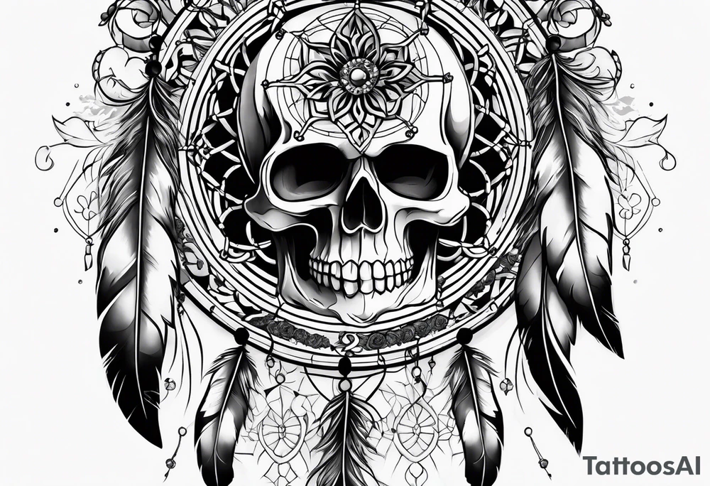 Dream catcher with black flowers and skulls tattoo idea