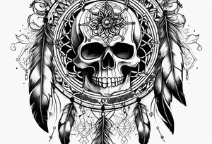 Dream catcher with black flowers and skulls tattoo idea