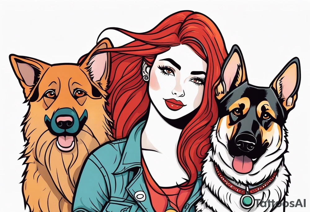 red hair woman with German shepherd dog tattoo idea