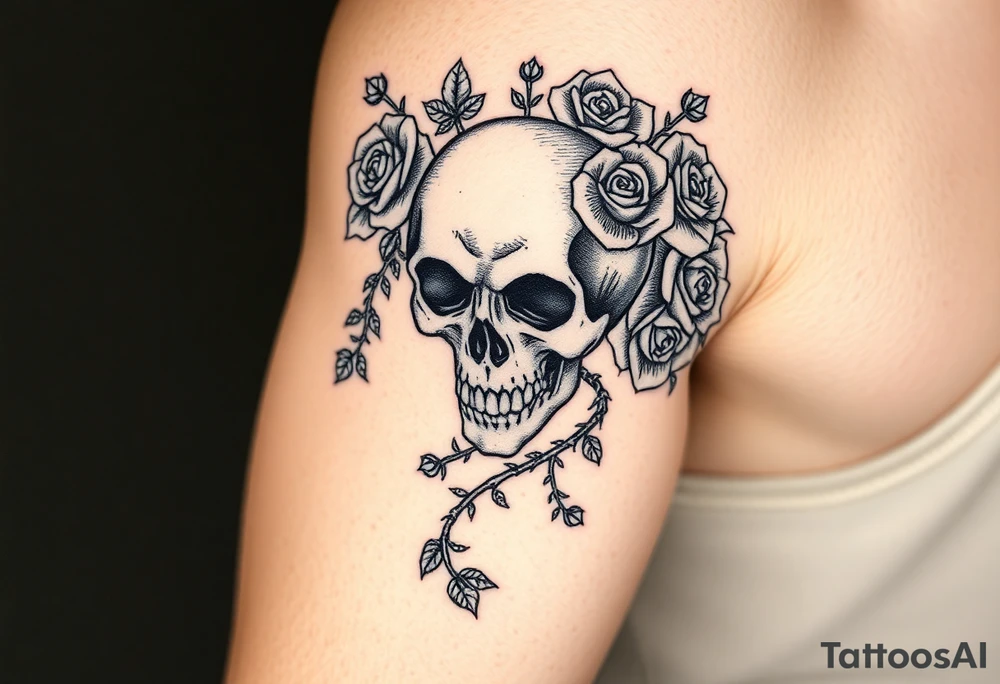 gothic skull intertwined with climbing roses and thorny vines tattoo idea