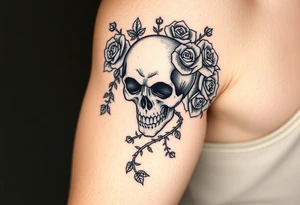 gothic skull intertwined with climbing roses and thorny vines tattoo idea