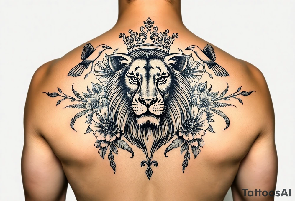 powerful majestic lion with a crown, surrounded by floral ornaments and birds tattoo idea