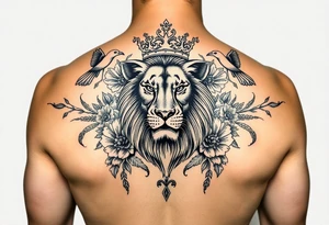 powerful majestic lion with a crown, surrounded by floral ornaments and birds tattoo idea