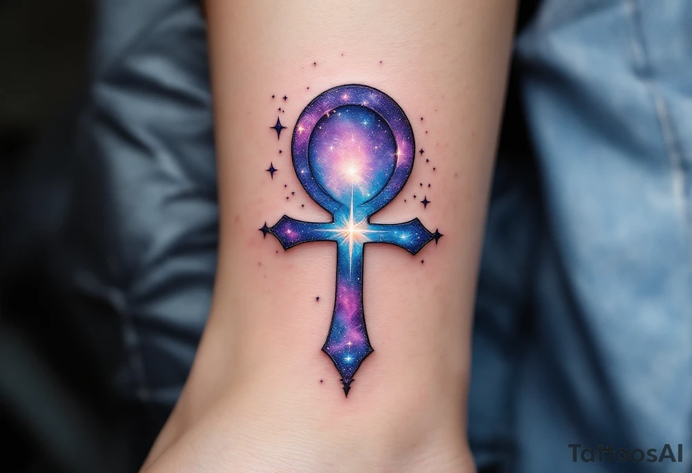 An Ankh with a galaxy embedded inside, blending deep purples, blues, and shimmering stars to symbolize cosmic wisdom tattoo idea
