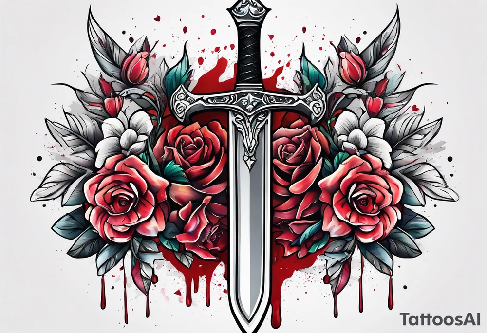 Bloody sword and flowers tattoo idea