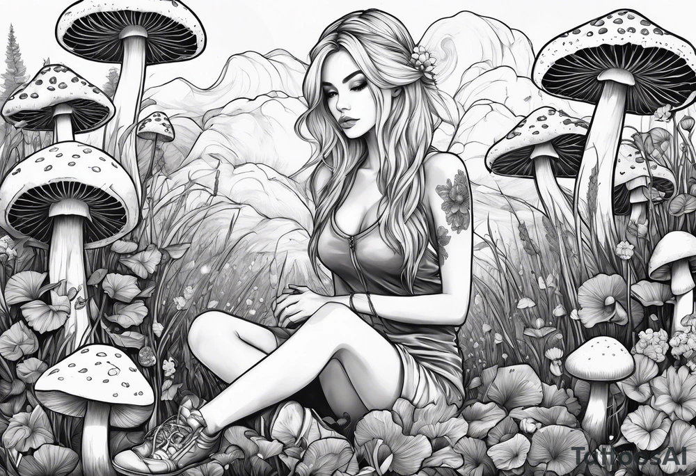 Blonde Girl sitting lotus position in field of mushrooms tattoo idea