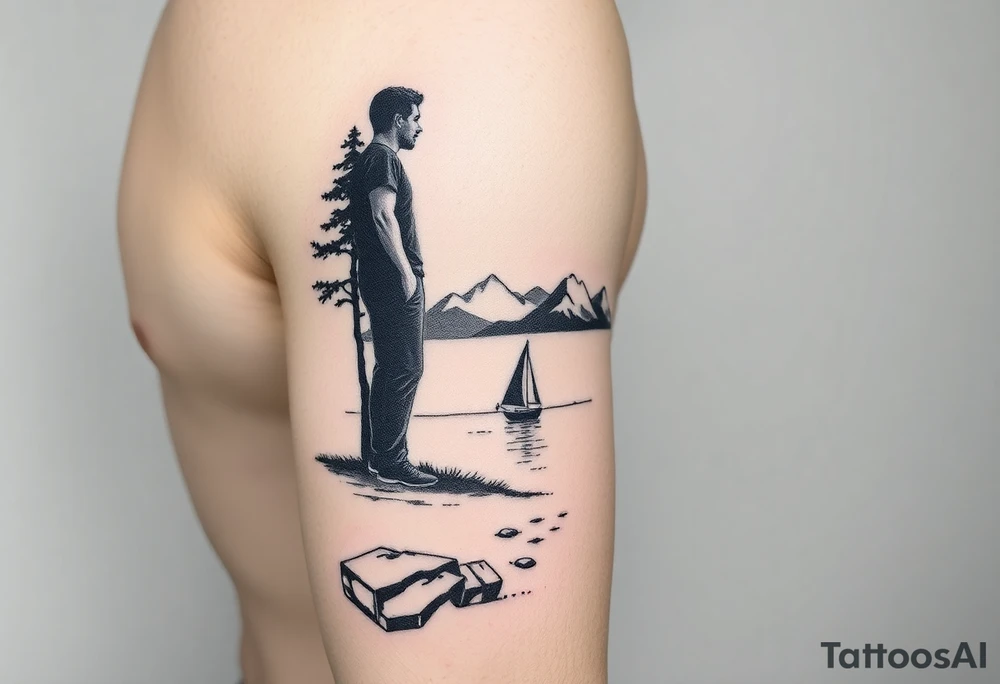 I want a minimalist design that will go on my right bicep, of a man's silhouette of a man on a shoreline, with a tree to his left, looking out at mountains in the distance, and a sailboat in the foreground.  but I want this around the arm, elbow and bicep area.  more of a wrap around on the arm please.   bottom left is okay, but less focus on the man's silhouette.  on the arm, not on the shoulder.  I said not on the shoulder! tattoo idea