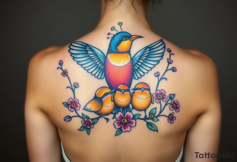 Mom bird and three baby birds with flowers tattoo idea