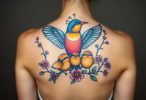 Mom bird and three baby birds with flowers tattoo idea