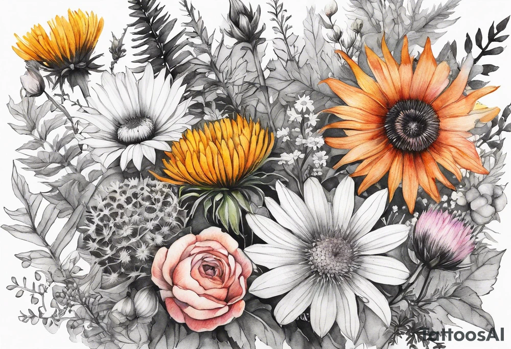 mixed wildflower cascading with thistles, ferns, burnt orange flower, white flowers, pink flowers, and yellow flowers all in watercolor tattoo idea