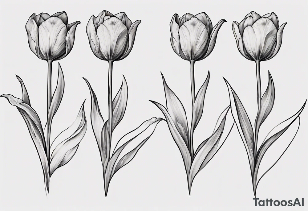 Design a unique tattoo depicting a bundle of three tulips. The first tulip should be in its bud form, with fine details conveying anticipation and the beginning of life. The second tulip should already be wilted, with its leaves appearing withered and crumpled, capturing the transient and finite nature of life. The third tulip should be perfect and magnificent, with vibrant colors and a flourishing beauty. Ensure that the composition is harmonious, and that the various stages of life in the tulips are clearly discernible. tattoo idea