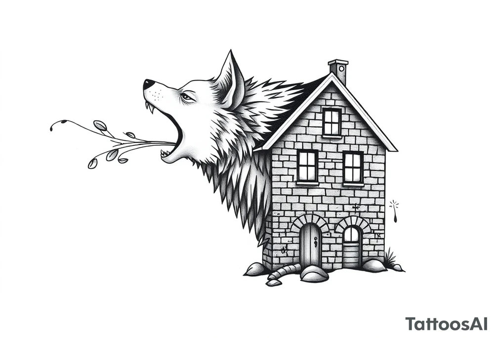 Big  wolf  blowing down   a brick house tattoo idea