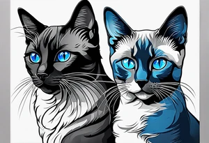 Two cats. One is medium length black and white fur, the other is a medium gray Siamese with blue eyes that are slightly crossed. tattoo idea
