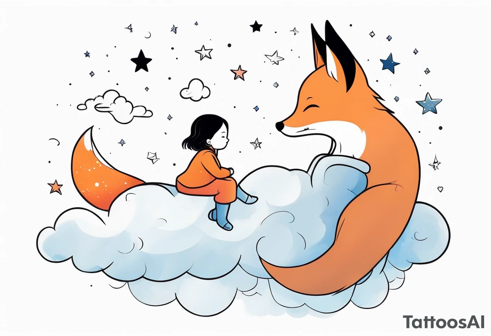 little girl with a fox sit on a cloud and look at the stars tattoo idea