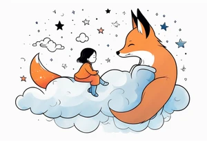 little girl with a fox sit on  a cloud and look at the stars tattoo idea