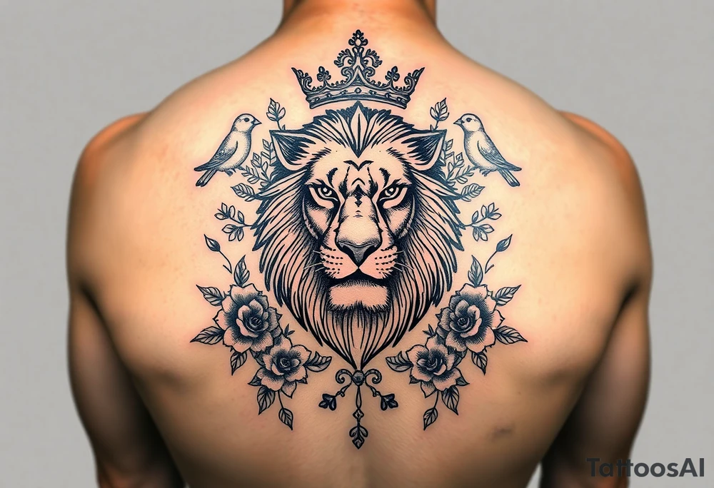 powerful majestic lion with a crown, surrounded by floral ornaments and birds tattoo idea