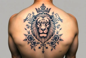 powerful majestic lion with a crown, surrounded by floral ornaments and birds tattoo idea