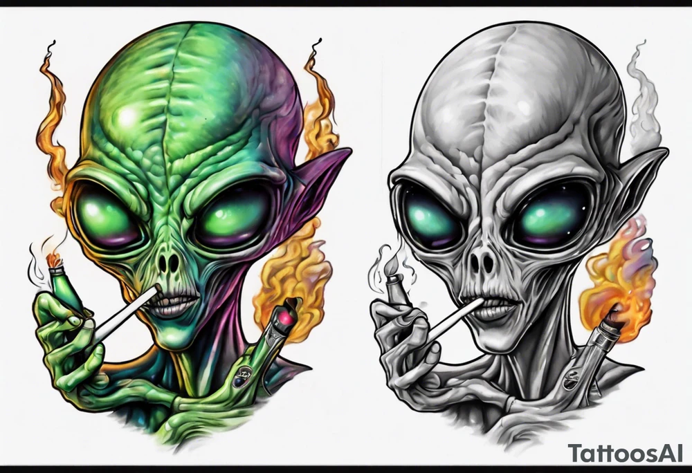 An alien  smoking a spliff tattoo idea