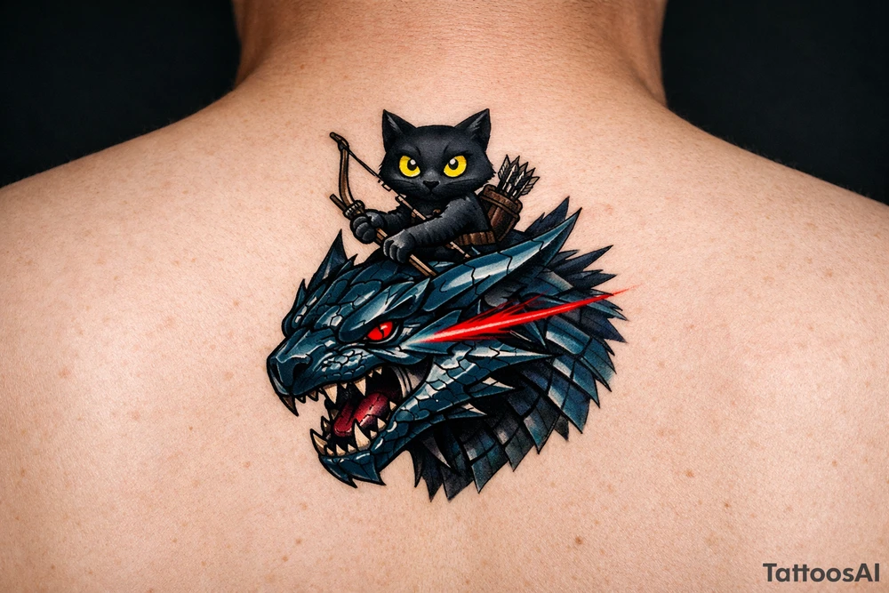 A vertical fantasy tattoo illustration of a cute black Palico feline cat riding on the back of a sleek Nargacuga wyvern dragon. The dragon must have smooth, sleek, interlocking metallic reptilian scales with an aerodynamic texture, zero fur, and zero feathers. The camera is a close-up vertical portrait showing the full cat on top holding a hunter's bow and arrow, and the dragon's snarling head and shoulders directly below it. Color palette: The dragon is colored in a rich mix of dark steel blue and deep teal gradients, with a sharp, glowing neon-red streak trailing backwards from its eye. The cat is matte black with large glowing yellow eyes. Crisp clean outlines, solid white background, stencil ready, high fantasy digital concept art. tattoo idea