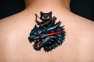 A vertical fantasy tattoo illustration of a cute black Palico feline cat riding on the back of a sleek Nargacuga wyvern dragon. The dragon must have smooth, sleek, interlocking metallic reptilian scales with an aerodynamic texture, zero fur, and zero feathers. The camera is a close-up vertical portrait showing the full cat on top holding a hunter's bow and arrow, and the dragon's snarling head and shoulders directly below it. Color palette: The dragon is colored in a rich mix of dark steel blue and deep teal gradients, with a sharp, glowing neon-red streak trailing backwards from its eye. The cat is matte black with large glowing yellow eyes. Crisp clean outlines, solid white background, stencil ready, high fantasy digital concept art. tattoo idea