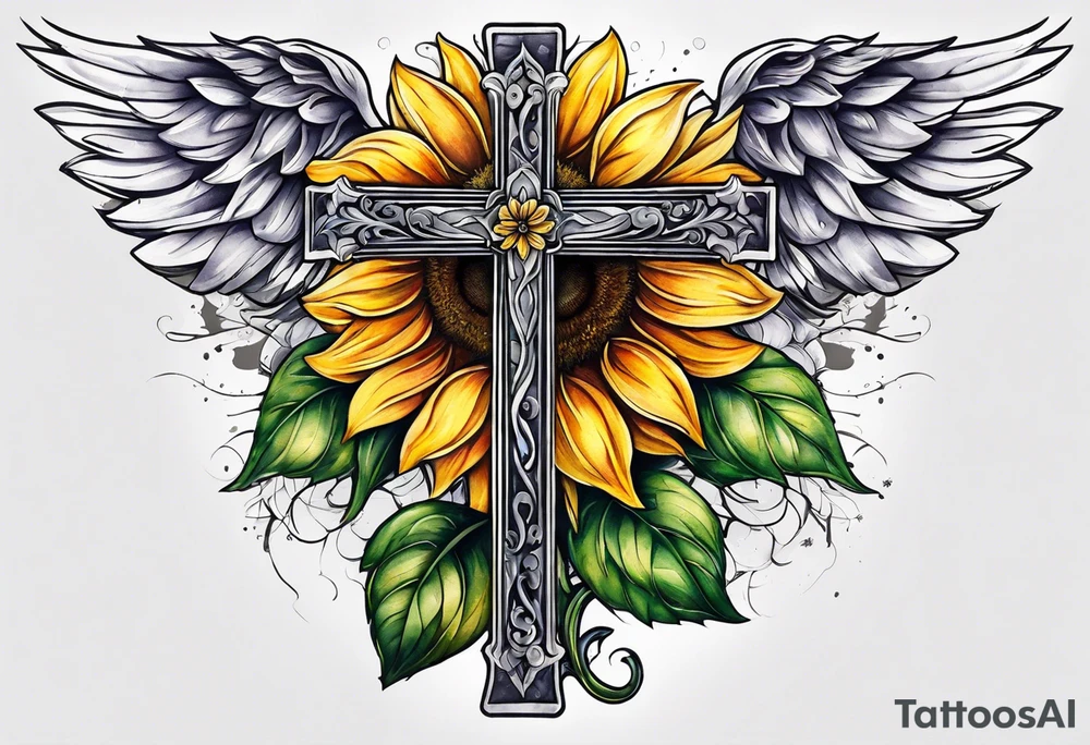 Winged cross with sunflower arm sleeve tattoo idea