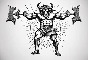 thigh tattoo of a minotaur with a double-edged axe tattoo idea