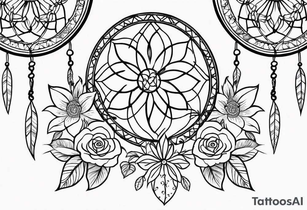 Dream catcher with hearts and flowers tattoo idea
