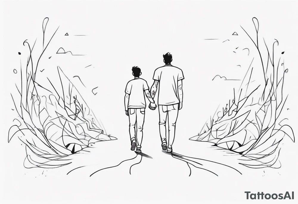 father and son walk away holding hands, one line tattoo idea