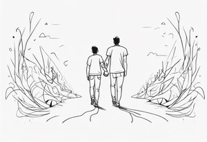 father and son walk away holding hands, one line tattoo idea