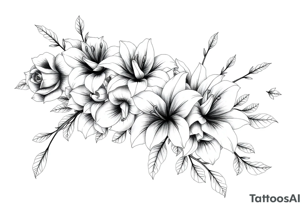 Arm and shoulder tattoo including roses, Lilly’s, and other beautiful flowers tattoo idea