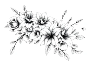 Arm and shoulder tattoo including roses, Lilly’s, and other beautiful flowers tattoo idea
