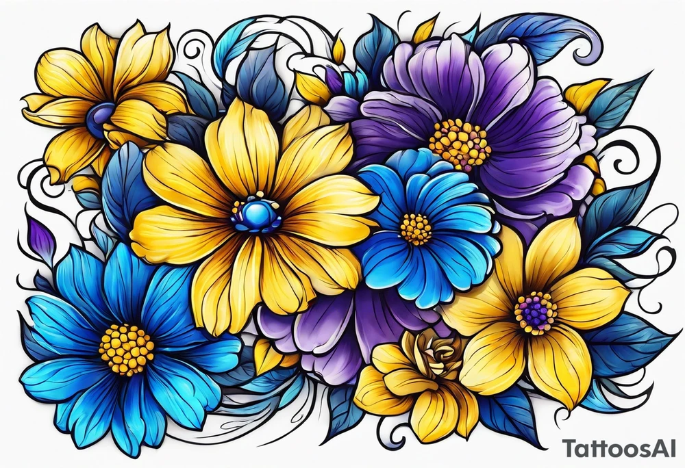 Blue yellow and purple flowers arm sleeve tattoo idea