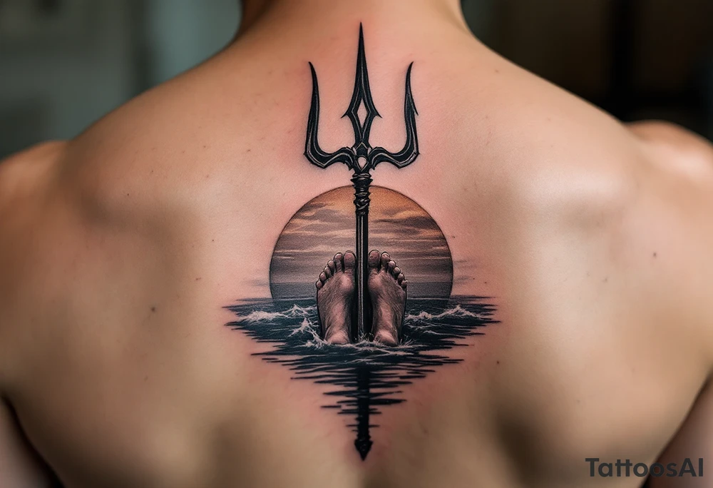 barefeet behind trident with water and sunset tattoo idea