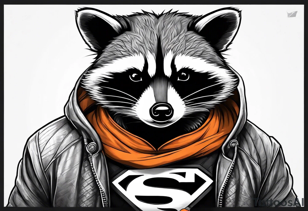 Raccoon wearing an orange Superman hoodie tattoo idea