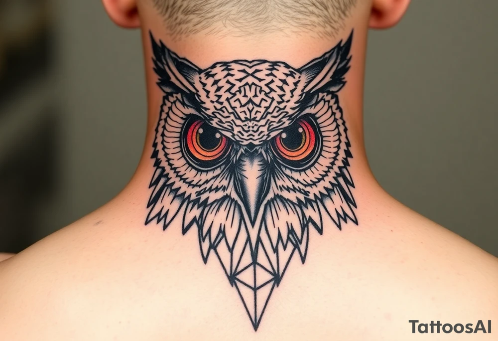 Owl head with large intense tripping on acid colored eyes with cyberpunk style  and geometry tattoo idea