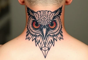 Owl head with large intense tripping on acid colored eyes with cyberpunk style  and geometry tattoo idea