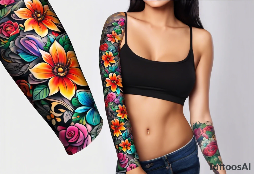 Arm sleeve dedicated to mom with rainbow flowers tattoo idea