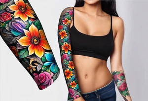 Arm sleeve dedicated to mom with rainbow flowers tattoo idea